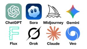 Grid of AI-generated images labeled Midjourney, DALL-E, and Stable Diffusion for marketing and creative work.