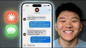 Claude Code running in channel mode with logs showing incoming iMessage requests and responses.