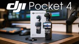 DJI Pocket 4 Creator Combo accessories laid out, including wireless mic support and small LED light modules.