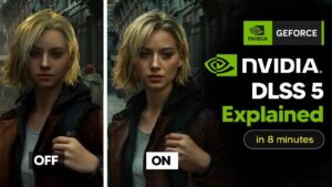 Character screenshot showing more realistic hair lighting under DLSS 5, with softer highlights and improved shadow detail.