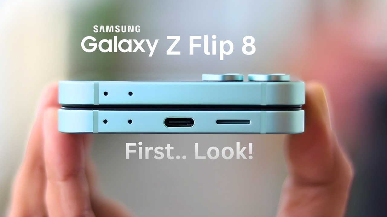 Patent-style drawing shows a Galaxy Z Flip 8 with a wraparound outer screen and circular cutout.