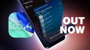 iPhone screen showing Apple Podcasts video playback with HLS streaming controls and an option to download video offline.