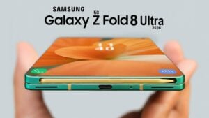 Render-style image showing a wider Galaxy Z Fold 8 layout with a larger inner display and slimmer bezels.