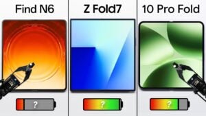 Standby test results after 16 hours showing Galaxy Z Fold 7 matching OPPO’s battery drop despite smaller capacity.