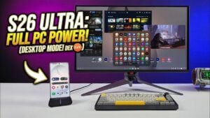 Galaxy S26 Ultra running Samsung Dex with a keyboard and mouse on a large monitor in a desktop layout.