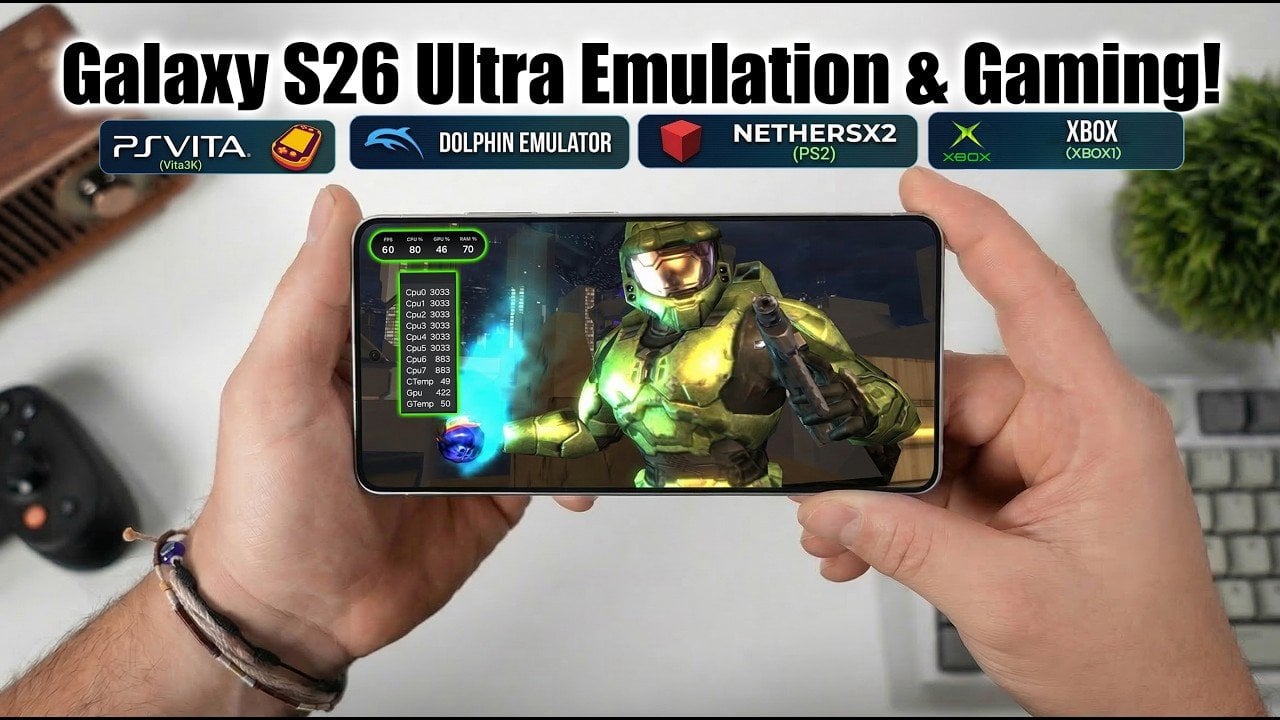 Dolphin emulator running a GameCube title at 4x resolution with minor visual glitches on the S26 Ultra.