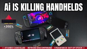 A handheld gaming console next to RAM and SSD parts, showing how shortages are raising prices in 2026.