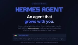 Screenshot-style layout showing Hermes Agent installed with one command and deployed to a $5 VPS or GPU cluster.