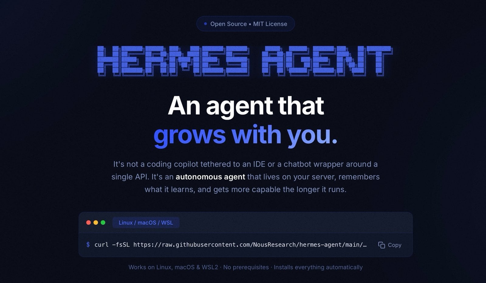 Screenshot-style layout showing Hermes Agent installed with one command and deployed to a $5 VPS or GPU cluster.