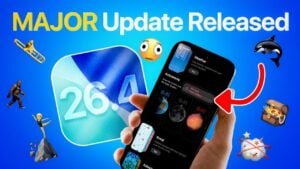 Apple Music on iOS 26.4 showing playlist background artwork and a text prompt for Playlist Playground creation.