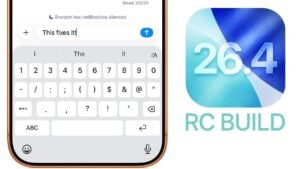 iPhone keyboard view illustrating iOS 26.4 RC typing accuracy improvements for fast typing and fewer missed letters.