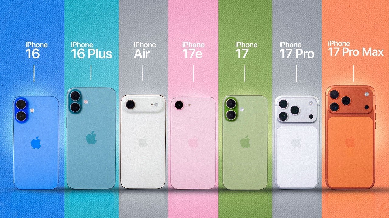All seven 2026 iPhone models lined up, showing different sizes, finishes, and camera layouts from 17e to Pro Max.