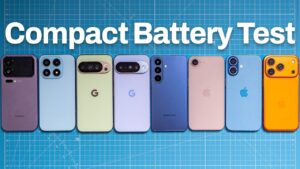 Screenshot-style graphic shows remaining charge after a 2-hour Google Meet call, including iPhone 17 at 33%.