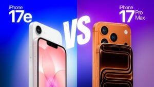 iPhone 17e and iPhone 17 Pro Max shown together, highlighting size and screen differences in a quick comparison.