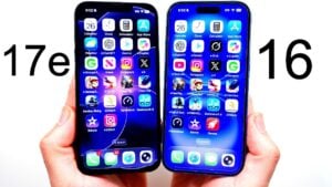 Front display comparison highlighting iPhone 16 Dynamic Island and thin bezels versus iPhone 17e notch design.
