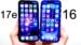 Front display comparison highlighting iPhone 16 Dynamic Island and thin bezels versus iPhone 17e notch design.