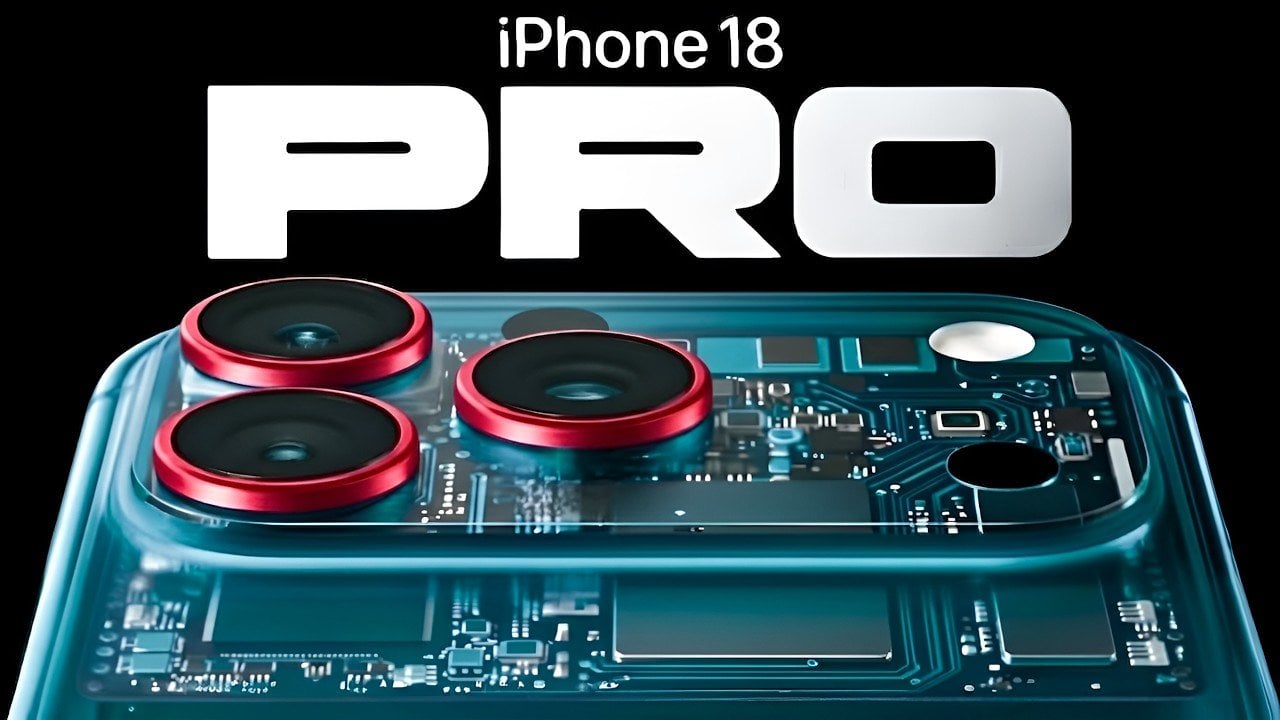 Camera module illustration highlighting a variable aperture lens and a new rear sensor supplier for iPhone 18 Pro Max.