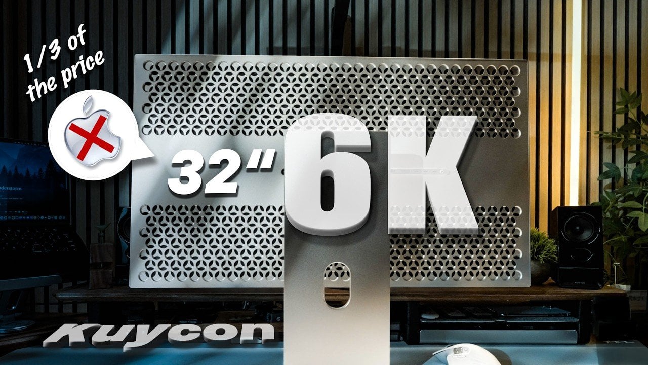 Kuycon G32P mounted on the optional stand, demonstrating height adjustment, tilt range, and portrait rotation.