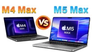 Side-by-side chart comparing M5 Max and M4 Max multi-core scores, showing a 15% uplift for Apple’s newest chip.