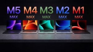 Benchmark chart comparing M5 Max MacBook Pro performance against M1, M2, M3, and M4 Max models.