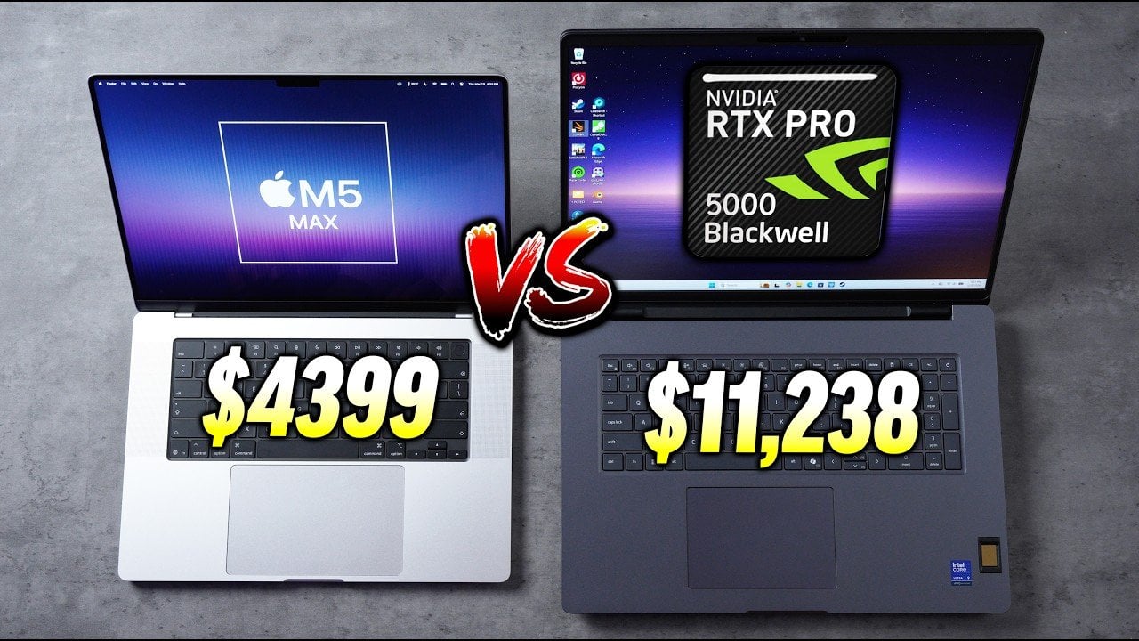 Cinebench chart showing M5 Max about 30% ahead in multi-core CPU performance versus Dell’s workstation laptop.