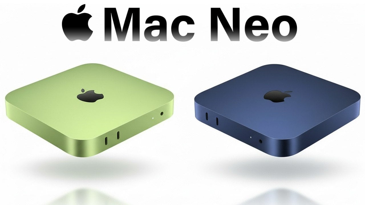 Compact Mac Neo concept desktop shown next to a monitor, keyboard, and mouse for a simple home setup.