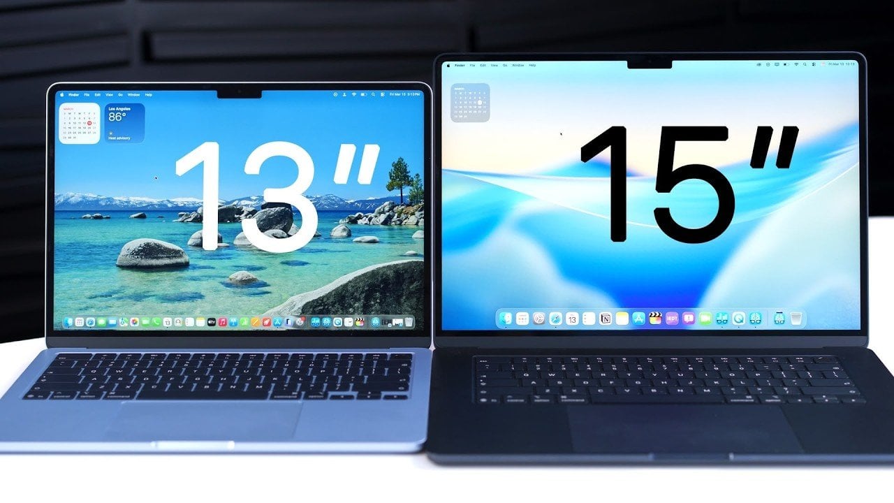 Display comparison showing 13.6-inch and 15.3-inch Liquid Retina panels with 500 nits brightness and P3 color.