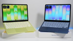 MacBook Neo shown in Silver, Bush, Citrus, and Indigo with matching wallpapers on the 13-inch screen.