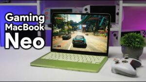 Cyberpunk 2077 running on MacBook Neo with lower settings, showing stutter during a busy street scene.