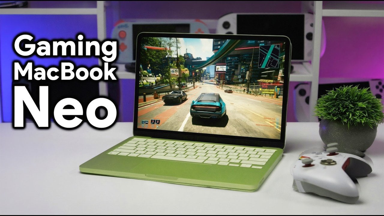 Cyberpunk 2077 running on MacBook Neo with lower settings, showing stutter during a busy street scene.