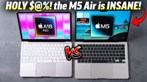 MacBook Neo and M5 MacBook Air shown together, highlighting size differences, bezels, and the missing notch on Neo.