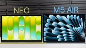 Chart comparing A18 Pro and M5 results, highlighting weaker multi-core speed and lower memory bandwidth on Neo.