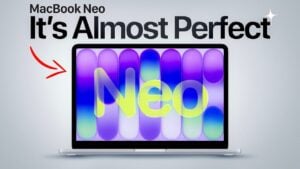 Price chart comparing MacBook Neo tiers, including $499 student pricing and the $699 512GB Touch ID model.