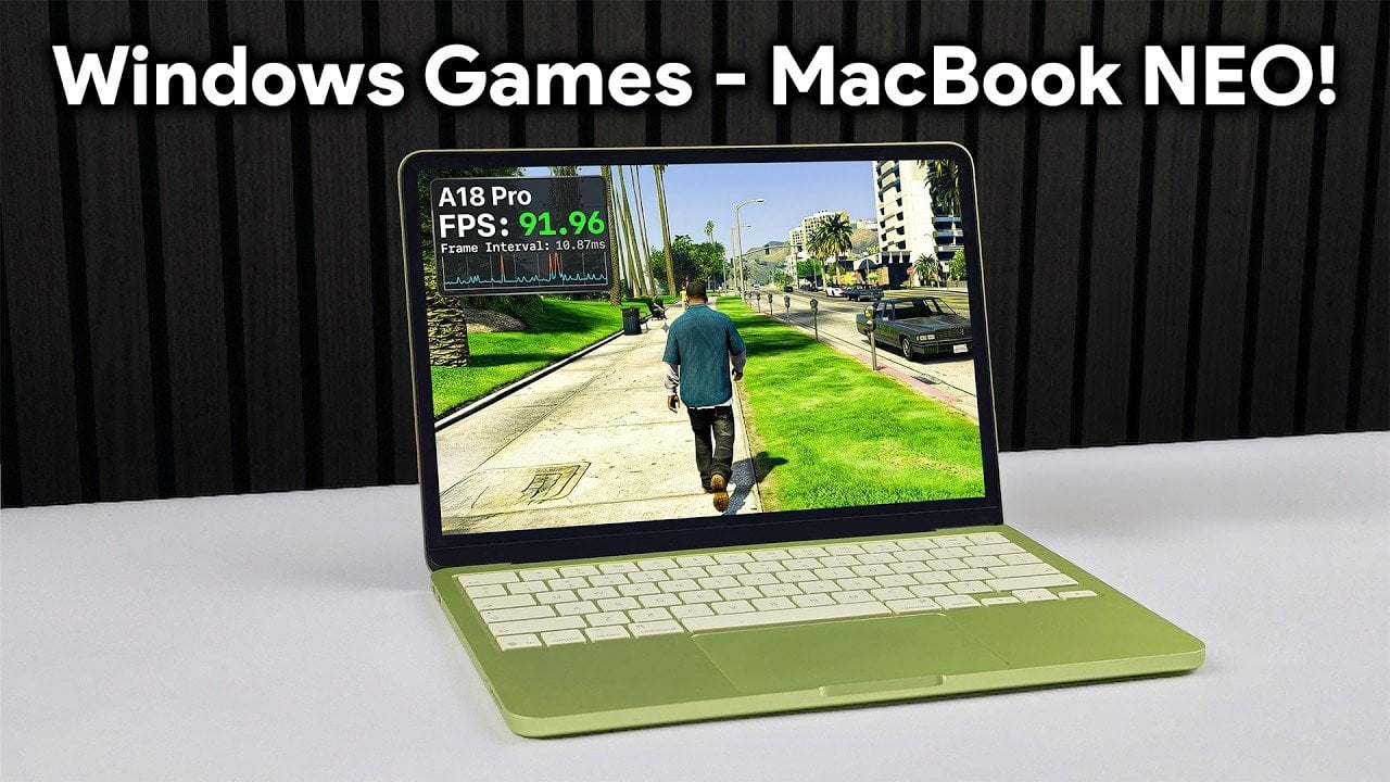 MacBook Neo running GTA 5 through Crossover with a visible 90 FPS counter and medium settings.