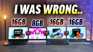 Display comparison image showing a brighter 500-nit MacBook Neo panel next to a dimmer 300-nit Windows screen.