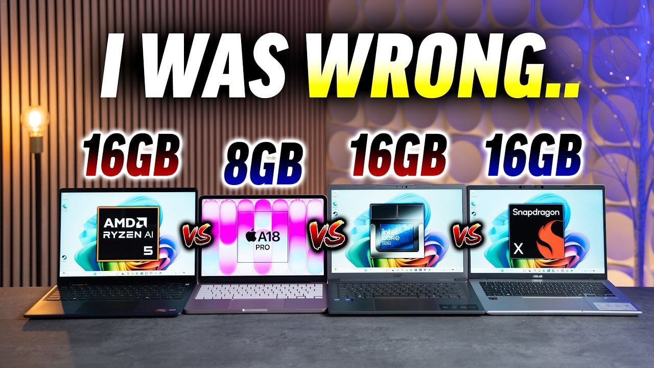 Display comparison image showing a brighter 500-nit MacBook Neo panel next to a dimmer 300-nit Windows screen.