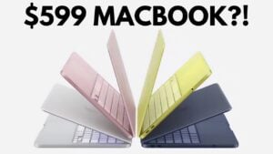Colorful compact MacBook Neo lid on a table, emphasizing a small, portable design for travel and campus.