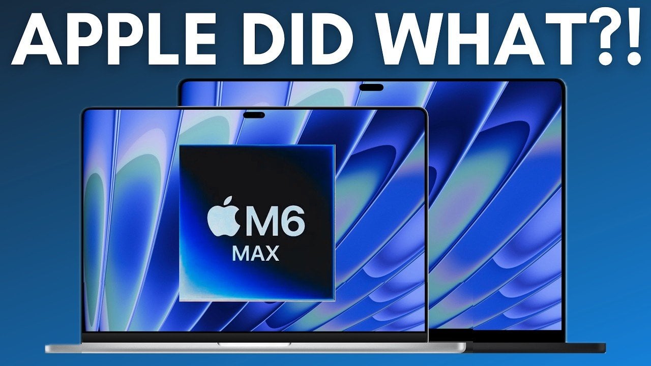 Concept illustration of an Apple M6 Pro chip label with a 2nm process note beside a MacBook Pro silhouette.