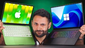 Budget MacBook Neo next to a $600 Windows laptop highlighting keyboard lighting, hinge strength, and port layout.