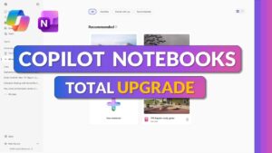 Microsoft 365 Copilot Notebooks interface showing notebook sections, file list, and Copilot chat for questions and summaries.