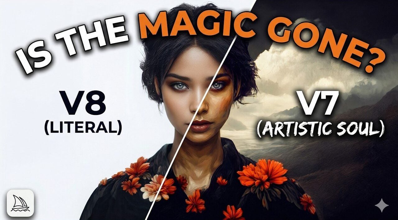 Midjourney v8 Alpha grid view showing multiple image results and the new sidebar settings layout.