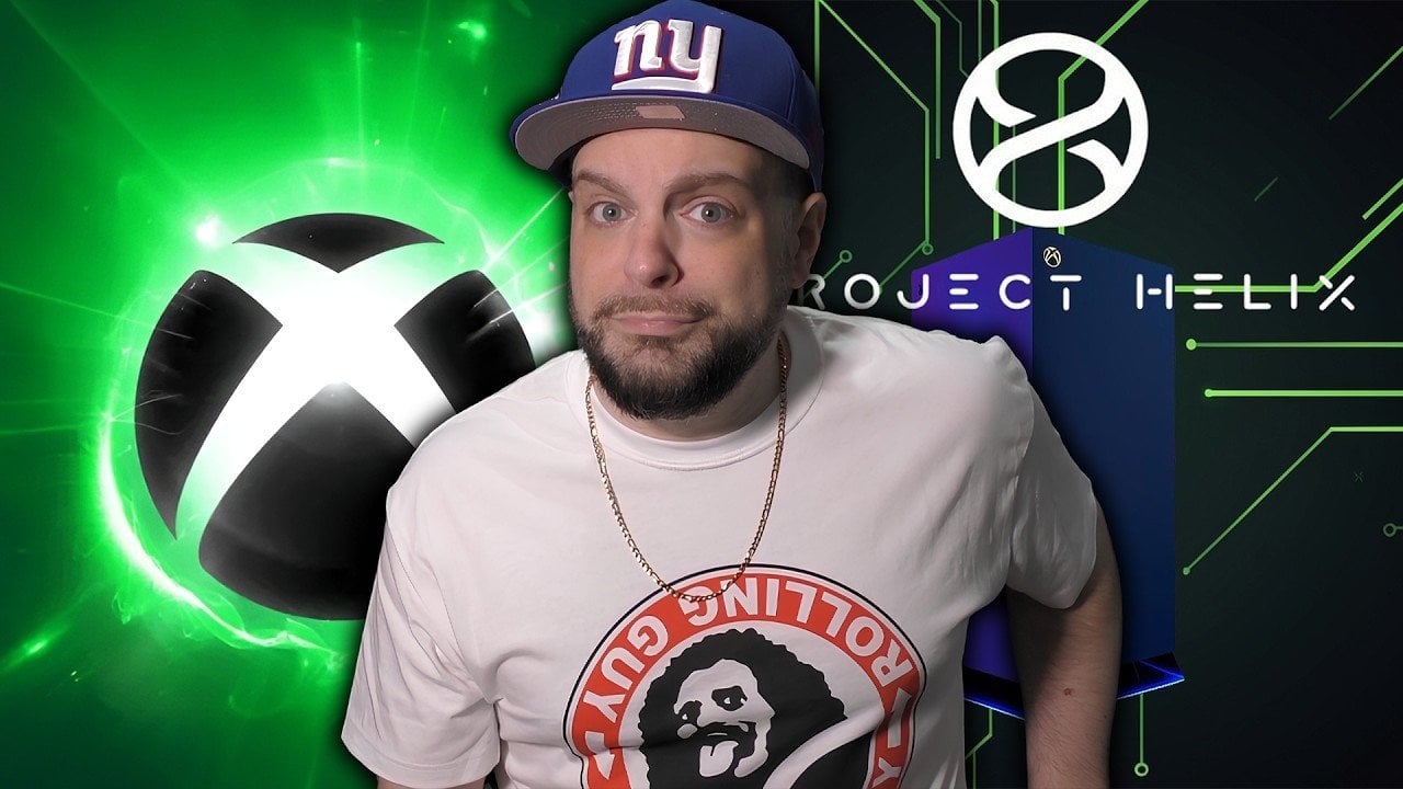 Graphic showing Project Helix playing PC and Xbox titles on one device, with pricing shown above $1,000.