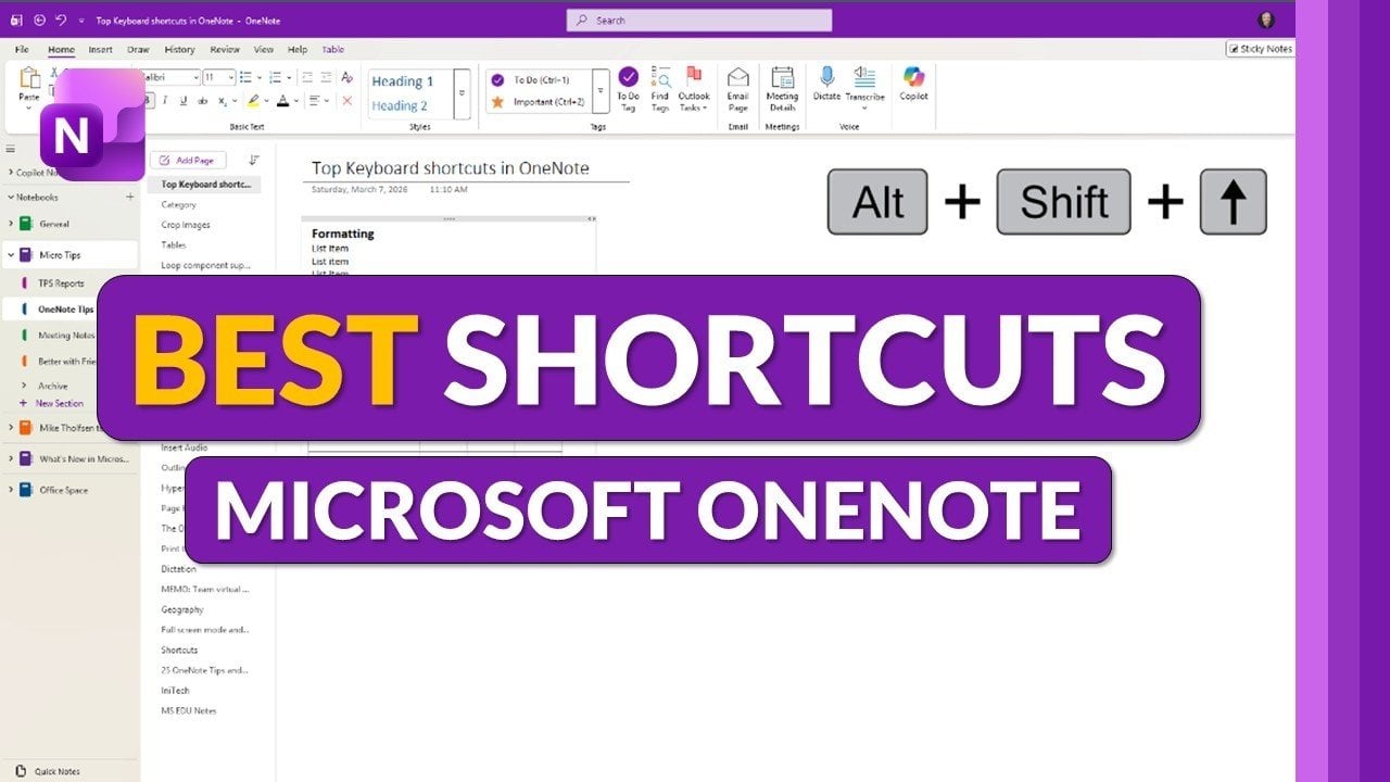 OneNote in full-screen view, highlighting the F11 key used to switch in and out of distraction-free mode.