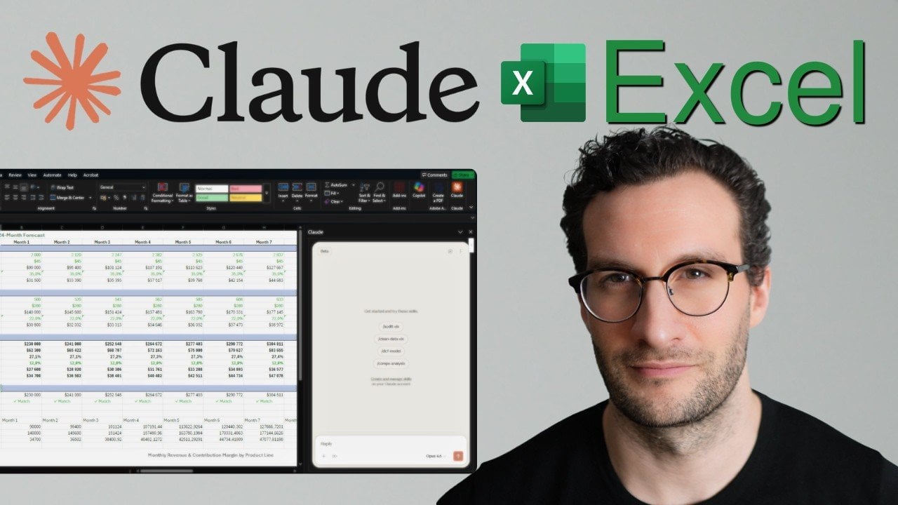 Claude Excel add-in chat panel beside a spreadsheet, showing a prompt that creates a financial model layout.