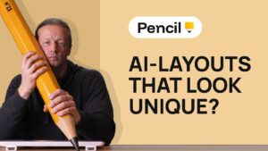 Pencil AI interface showing an AI-generated landing page layout with editable sections and a visible style guide panel.