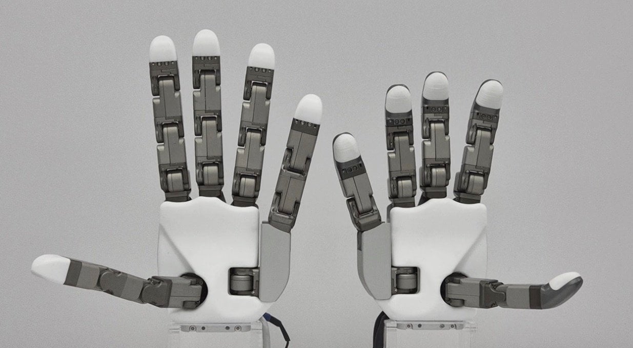 Tesollo DG-5F-S robotic hand mounted on a humanoid arm, showing its compact human-scale shape and wrist interface.