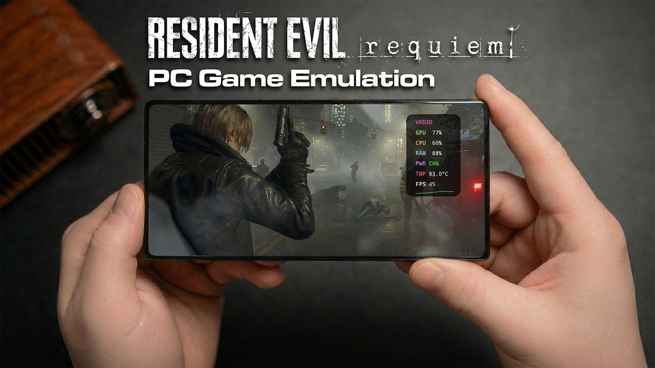 Resident Evil Requiem running in GameHub on an Android phone, showing 720p settings and a live FPS counter.