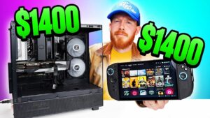 Cyberpunk 2077 graphics settings screen shown beside an FPS counter for a PC and a handheld test run.