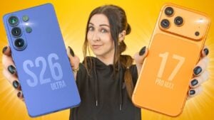 Samsung S26 Ultra and iPhone 17 Pro Max shown together, highlighting size, camera bump, and screen layout differences.