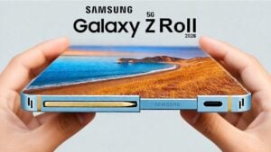 Samsung Galaxy Z lineup teaser with Z Roll placed next to Fold 8 and Flip 8 in a release set.